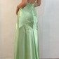 Green Mermaid V Neck Appliques Satin Open Back Long Prom Dress Outfits SH1820