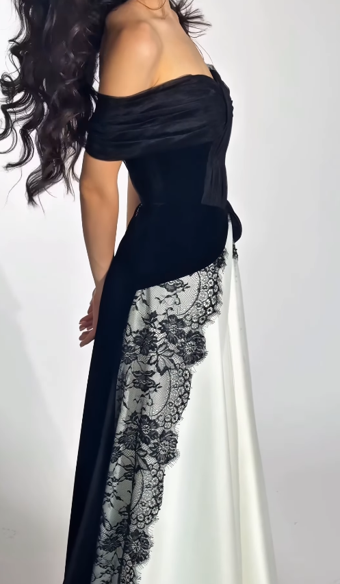 Classic Black-white A Line Straps Velvet Satin Lace Prom Dress Evening Dress SH6757