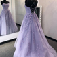 Simple Spaghetti Straps A-Line Lace Appliques Tulle Long Prom Dress KS7930