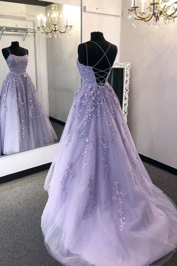 Simple Spaghetti Straps A-Line Lace Appliques Tulle Long Prom Dress KS7930