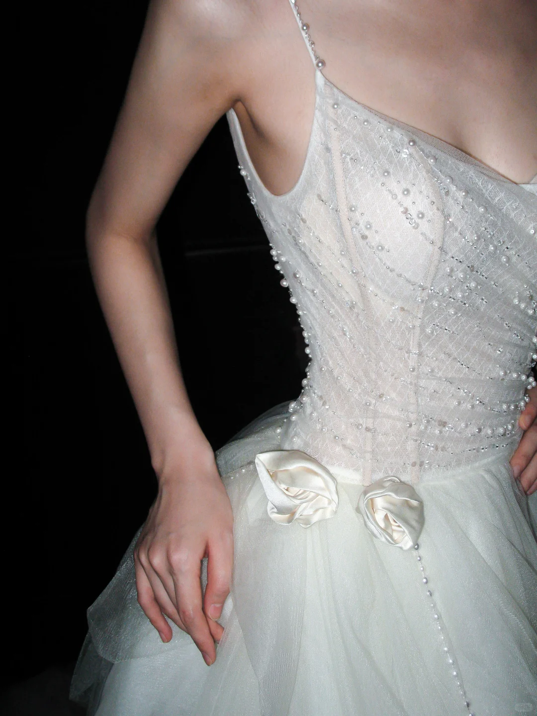 Pretty A Line Spaghetti Straps Pearl White Tulle Long Wedding Dress SH5962