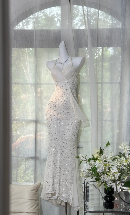 Vintage Mermaid Halter Beaded White Chiffon Prom Dress Wedding Guest Dress SH4555