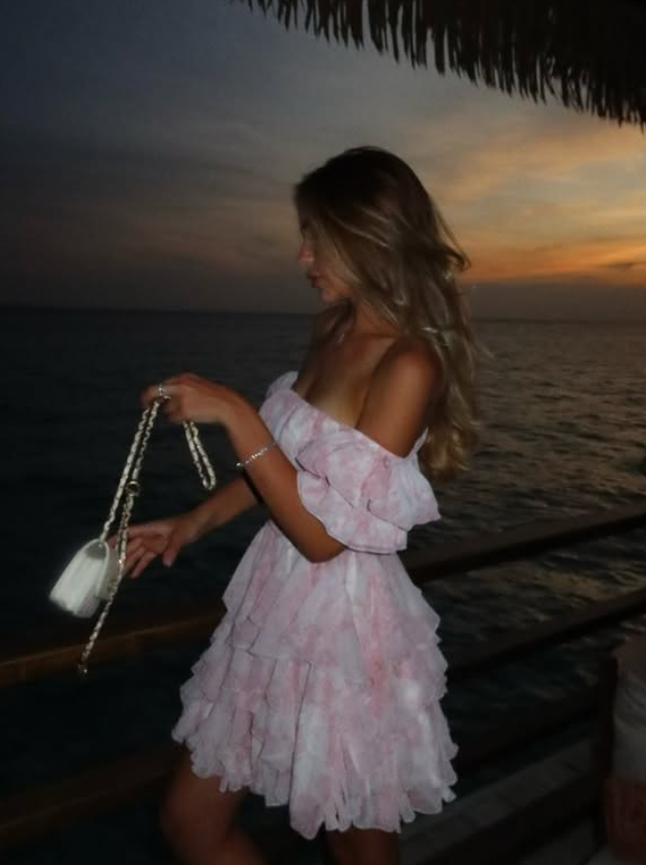 Sweety Pink A Line Off the Shoulder Print Chiffon Short Homecoming Dress Outfits SH6495