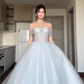 Grey A Line Off the Shoulder Rhinestone Tulle Prom Dress Wedding Guest Dress SH4745