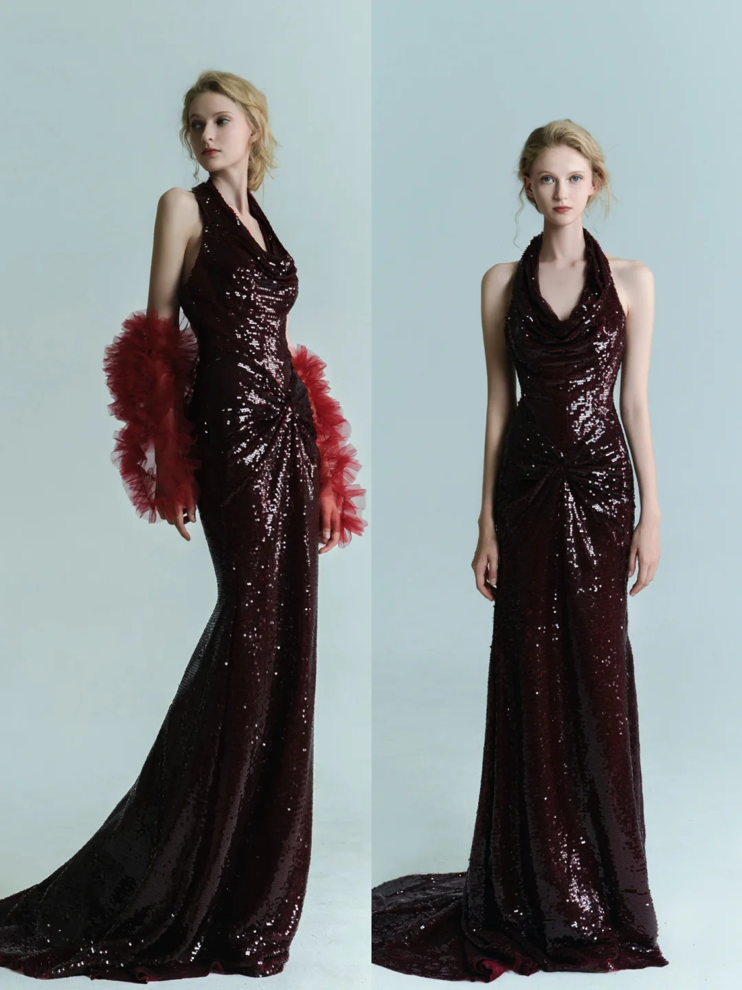 Imperial Burgundy Mermaid Halter Sequin Long Sweep Prom Dress Evening Dress SH4223