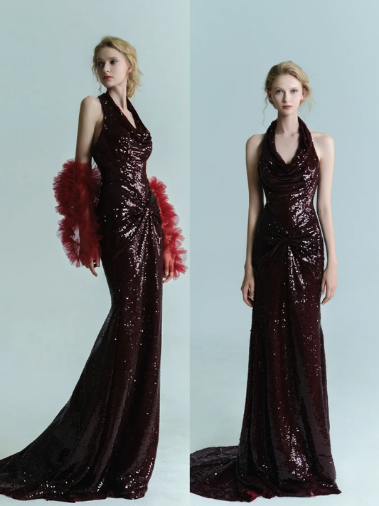 Imperial Burgundy Mermaid Halter Sequin Long Sweep Prom Dress Evening Dress SH4223