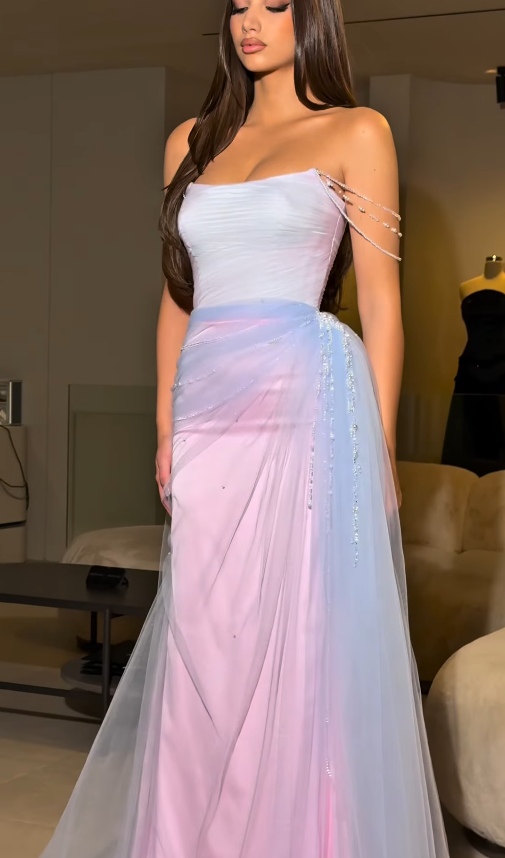 Fairy Pink-blue Ombre A Line Exquisite Beaded Tulle Long Prom Dress Evening Dress SH6748