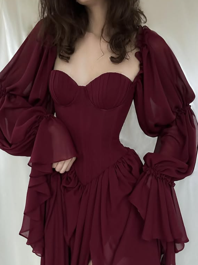 Burgundy A Line Long Sleeve Chiffon Slit Prom Dress Evening Dress SH6699