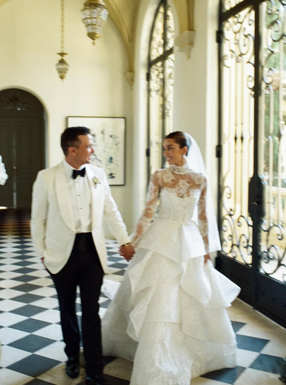 Stunning A Line Long Sleeve High Neck Exquisite White Lace Tulle Long Wedding Dress SH8688