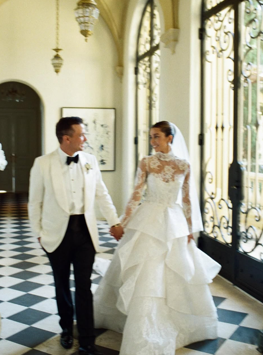 Stunning A Line Long Sleeve High Neck Exquisite White Lace Tulle Long Wedding Dress SH8688