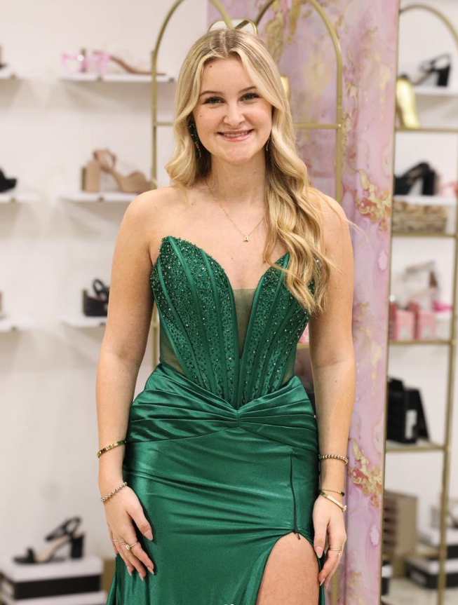 Emerald A Line Sweetheart Neck Corset Beaded Satin Prom Dress Evening Dress with Slit SH6594