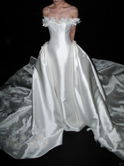 Elegant Ball Gown Off the Shoulder White Appliques Satin Long Train Wedding Dress SH8889