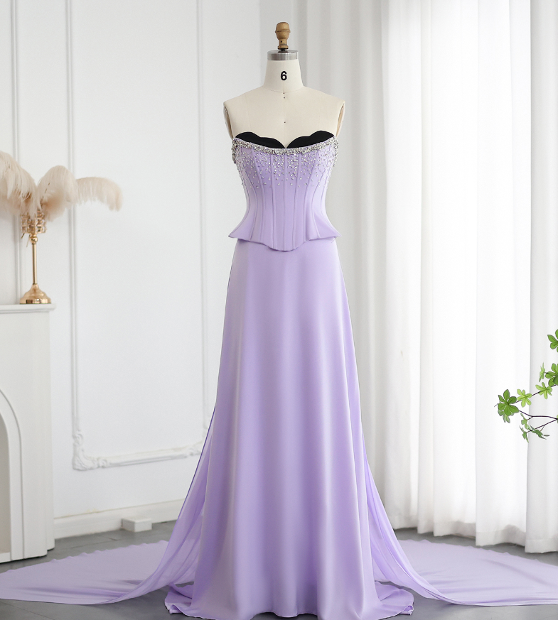 Lilac A Line Sweetheart Neck Beaded Satin Chiffon Long Prom Dress Evening Dress SH2370