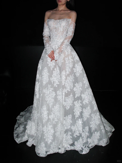 Beautiful A Line Long Sleeve Sequin Lace Long Train Wedding Dress SH6615