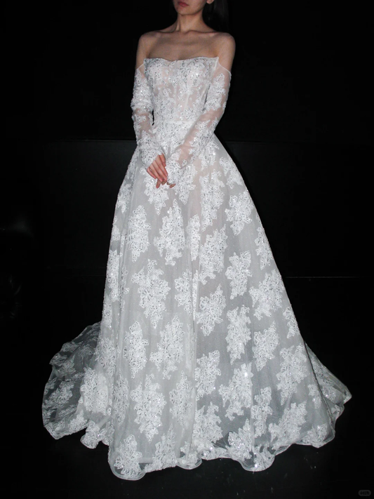 Beautiful A Line Long Sleeve Sequin Lace Long Train Wedding Dress SH6615