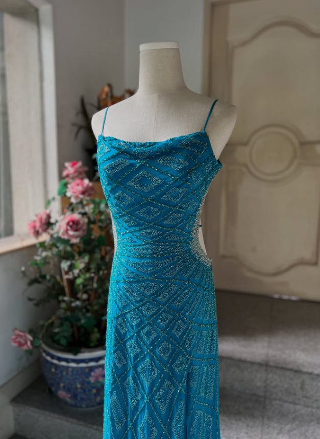 Elegant Blue A Line Beaded Chiffon Open Back Prom Dress Party Dress Date Dress SH4890