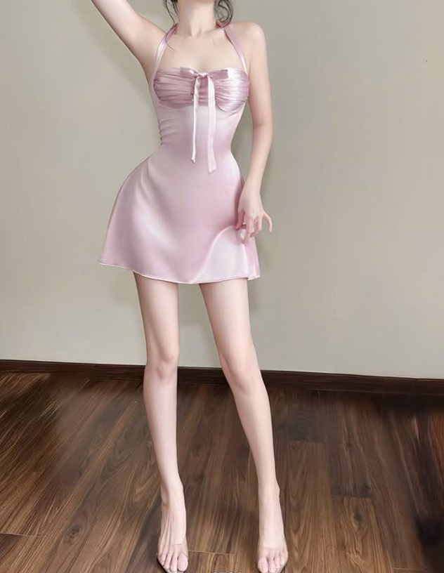 Sexy Pink A Line Halter Satin Short Open Back Homecoming Dress SH4787