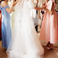 Cute A Line Puff Sleeve Pleated White Tulle Long Wedding Dress SH8257