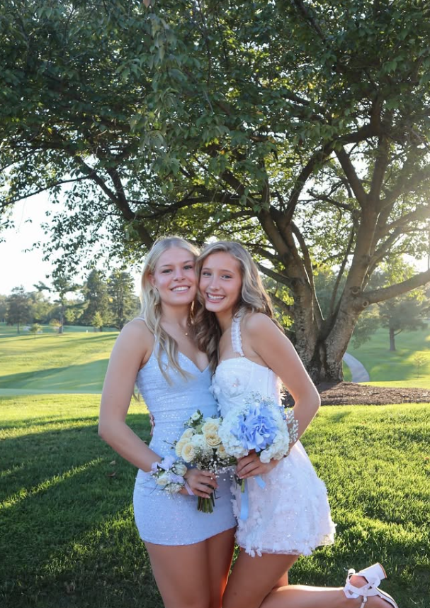 Old Money Homecoming Look Big Blowout Hair White Dress Blue Flowers Classic Elegance SH7455