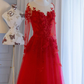 Pretty Tulle Long Prom Dress With Applique,Red Party Dress Formal Evening Dress SH842