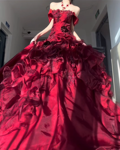 Burgundy Blue Ball Gown Off the Shoulder Beaded Rose Organza Satin Graduation Ball Gown 18th Birthday Dress SH4987