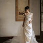 Simple Vintage Sheath Straps Pleated Satin Tulle Wedding Dress SH5074