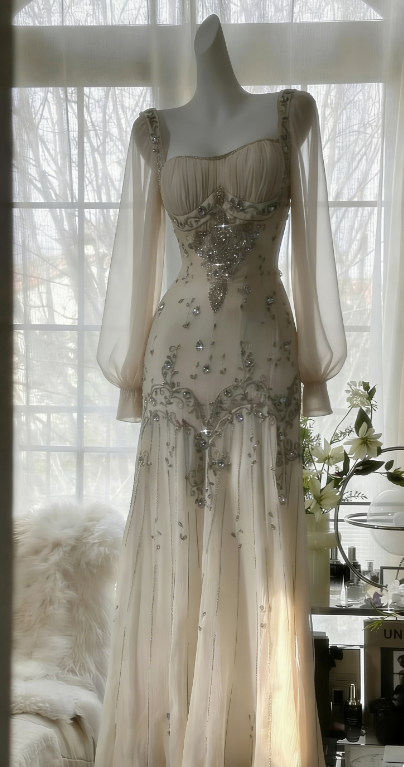 Ivory A Line Long Sleeve Beaded Chiffon Long Prom Dress Graduation Prom Dress SH5352