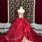 Vintage Red Print Floral Ball Gown Strapless Satin Prom Dress Sweet 16 Dress SH5797