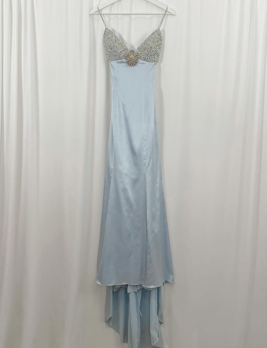 Baby Blue A Line Spaghetti Strap Sequin Satin Long Prom Dress Gown Dress SH3590