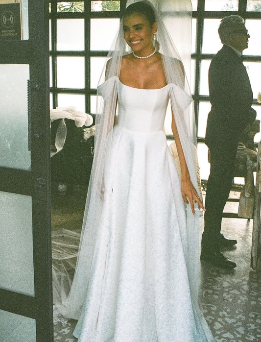 Simple A Line Off the Shoulder Classy White Satin Long Wedding Dress SH4852