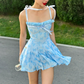Blue A Line Spaghetti Strap Print Floral Satin Party Dress Homecoming Dress SH4304