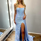 Shiny Light Blue Sheath Strapless Sequin Satin Long Prom Dress Evening Dress with Slit SH6816