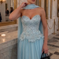 Classy Blue A Line Strapless Beaded Sequin Chiffon Prom Dress Evening Dress SH8562