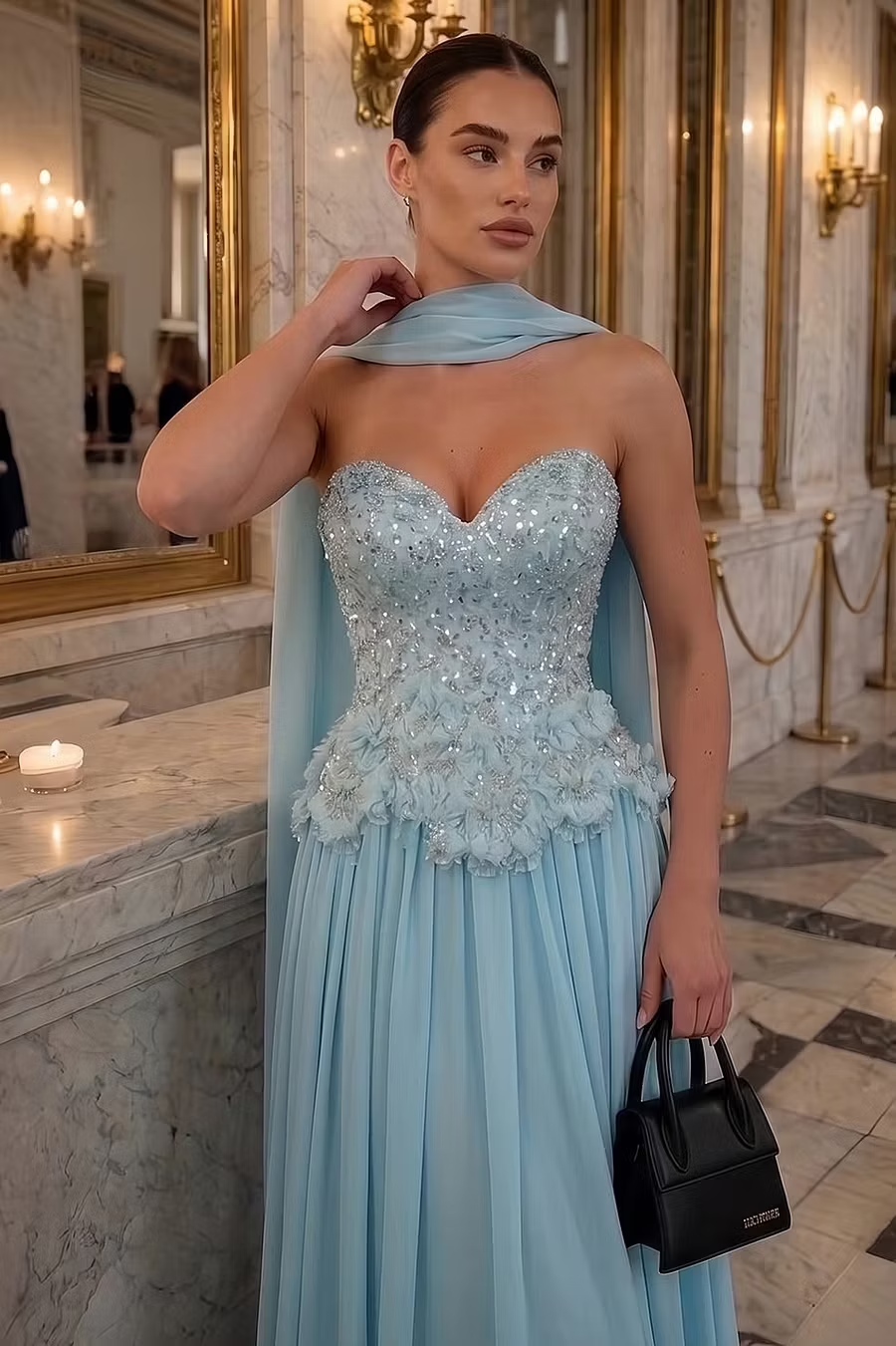 Classy Blue A Line Strapless Beaded Sequin Chiffon Prom Dress Evening Dress SH8562