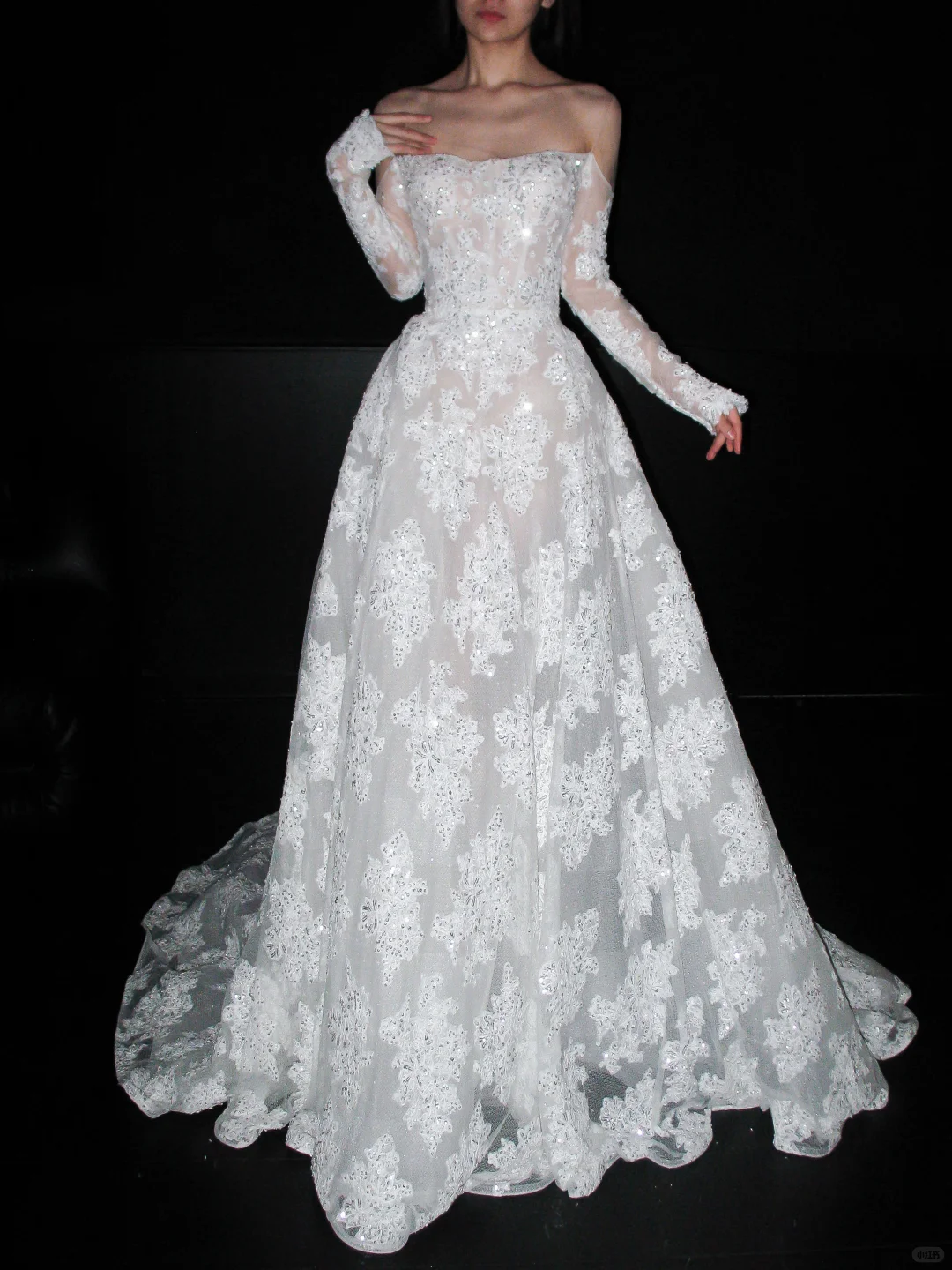Beautiful A Line Long Sleeve Sequin Lace Long Train Wedding Dress SH6615