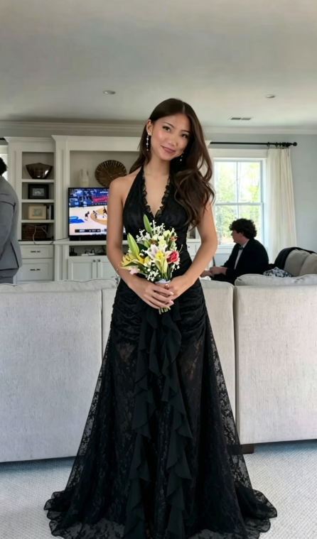 Vintage Mermaid Halter Sleeveless Long Black Lace Evening Dress Prom Dresses SH3093