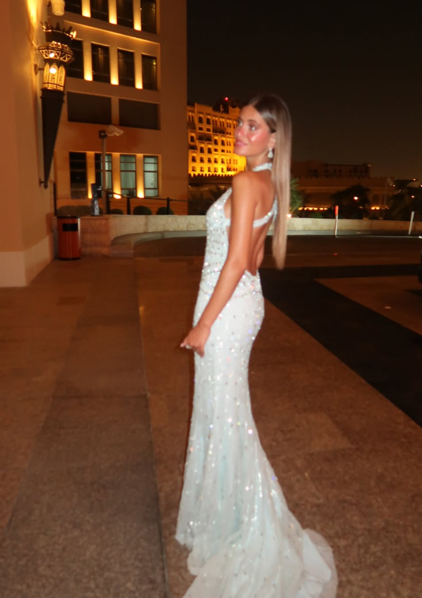 Light Baby Blue Mermaid Exquisite Beaded  V Neck Tulle Backless Long Prom Dress SH5358