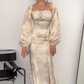Pretty Mermaid Long Sleeve Print Floral Satin Long Prom Dress Party Dress SH4848
