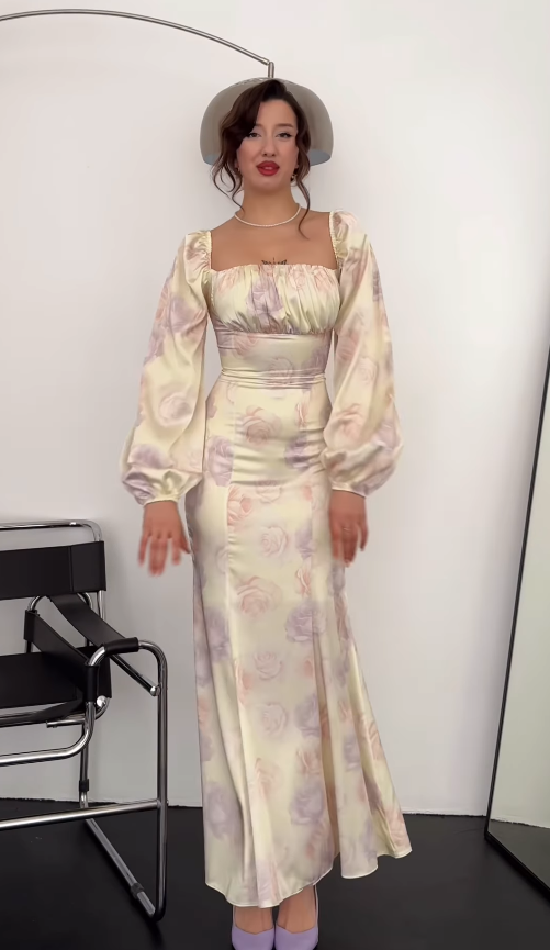 Pretty Mermaid Long Sleeve Print Floral Satin Long Prom Dress Party Dress SH4848