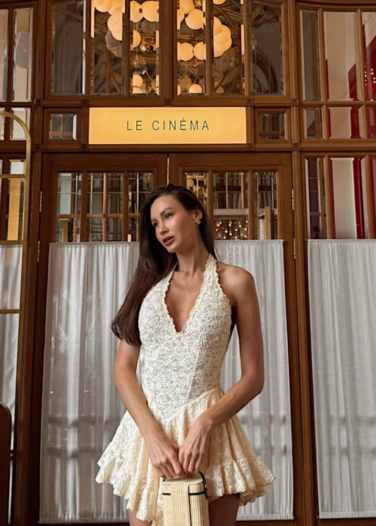 Sweety A Line Halter Ivory Lace Backless Short Prom Dress Homecoming Dress SH8521