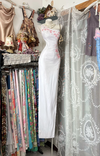 Elegant Sheath One Shoulder Pink Beaded White Satin Long Prom Dress SH5240