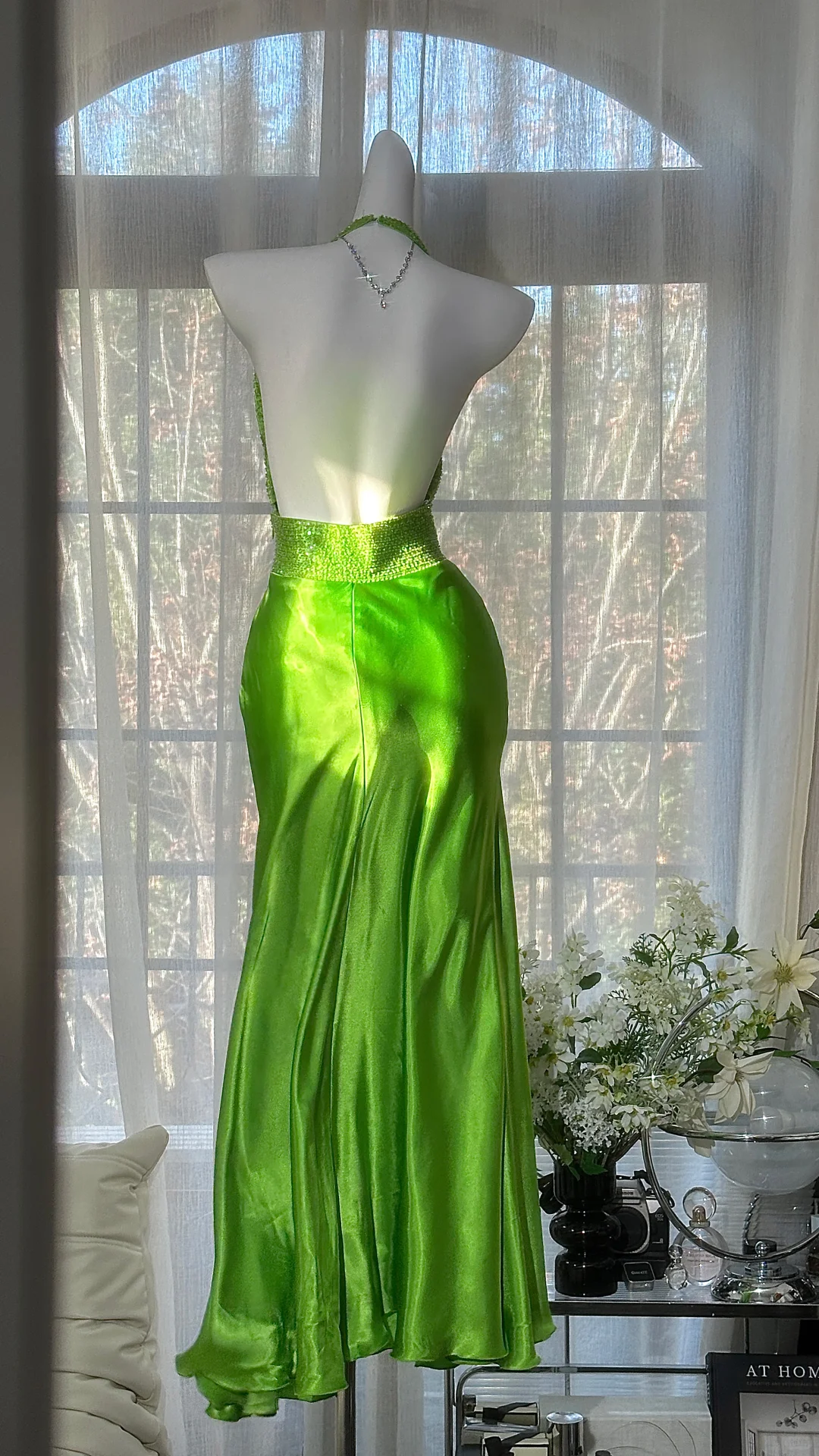 Simple Vintage Mermaid Halter Beaded Green Satin Open Back Long Prom Dress SH5124