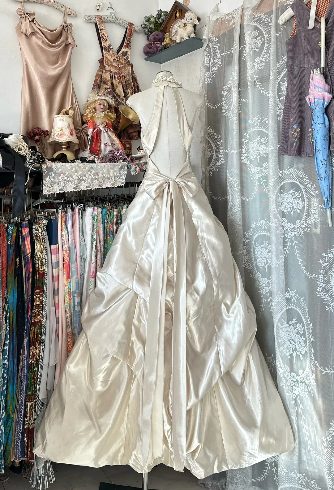 Ivory A Line Halter Beaded Satin Open Back Prom Dress Evening Dress SH5621