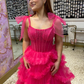 Cute Hot Pink A Line Spaghetti Strap Beaded Layered Tulle Long Prom Dress Evening Dress SH6808