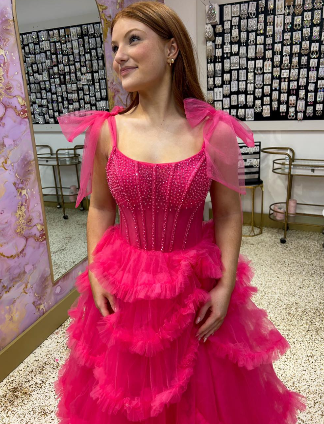 Cute Hot Pink A Line Spaghetti Strap Beaded Layered Tulle Long Prom Dress Evening Dress SH6808