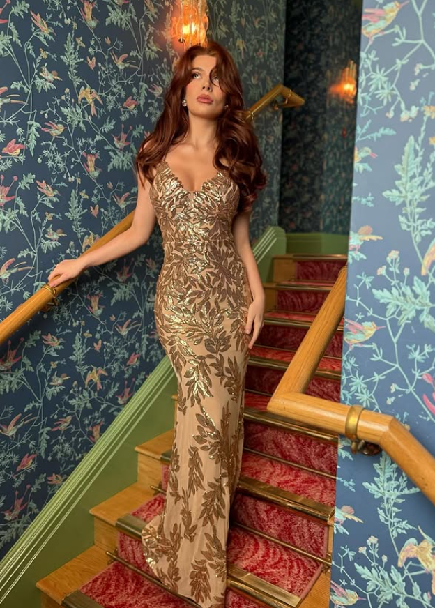 Shiny Golden Sheath Spaghetti Strap Sequin Prom Dress Date Dress SH4682