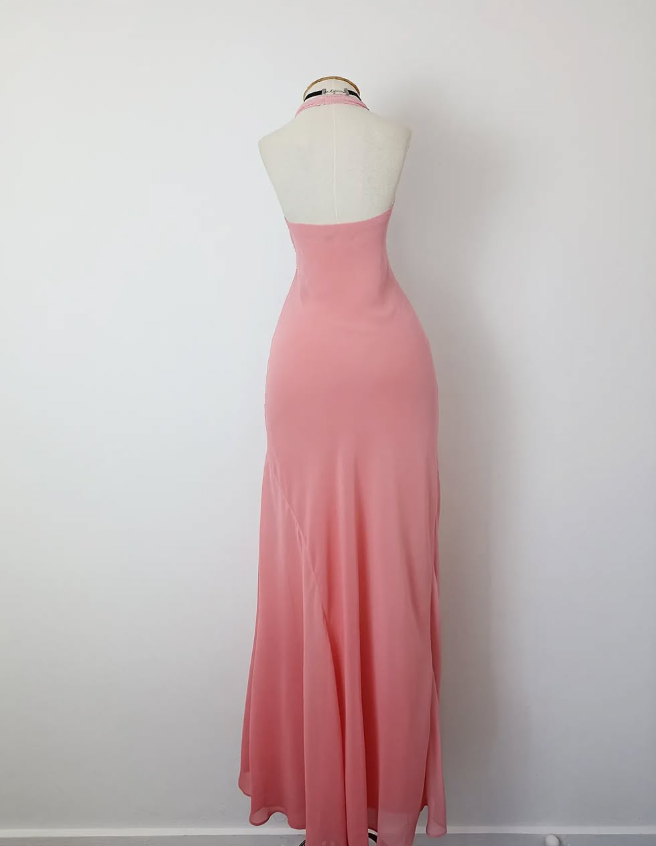 Retro A Line V Neck Pink Beaded Chiffon Prom Dress Evening Dress SH3367