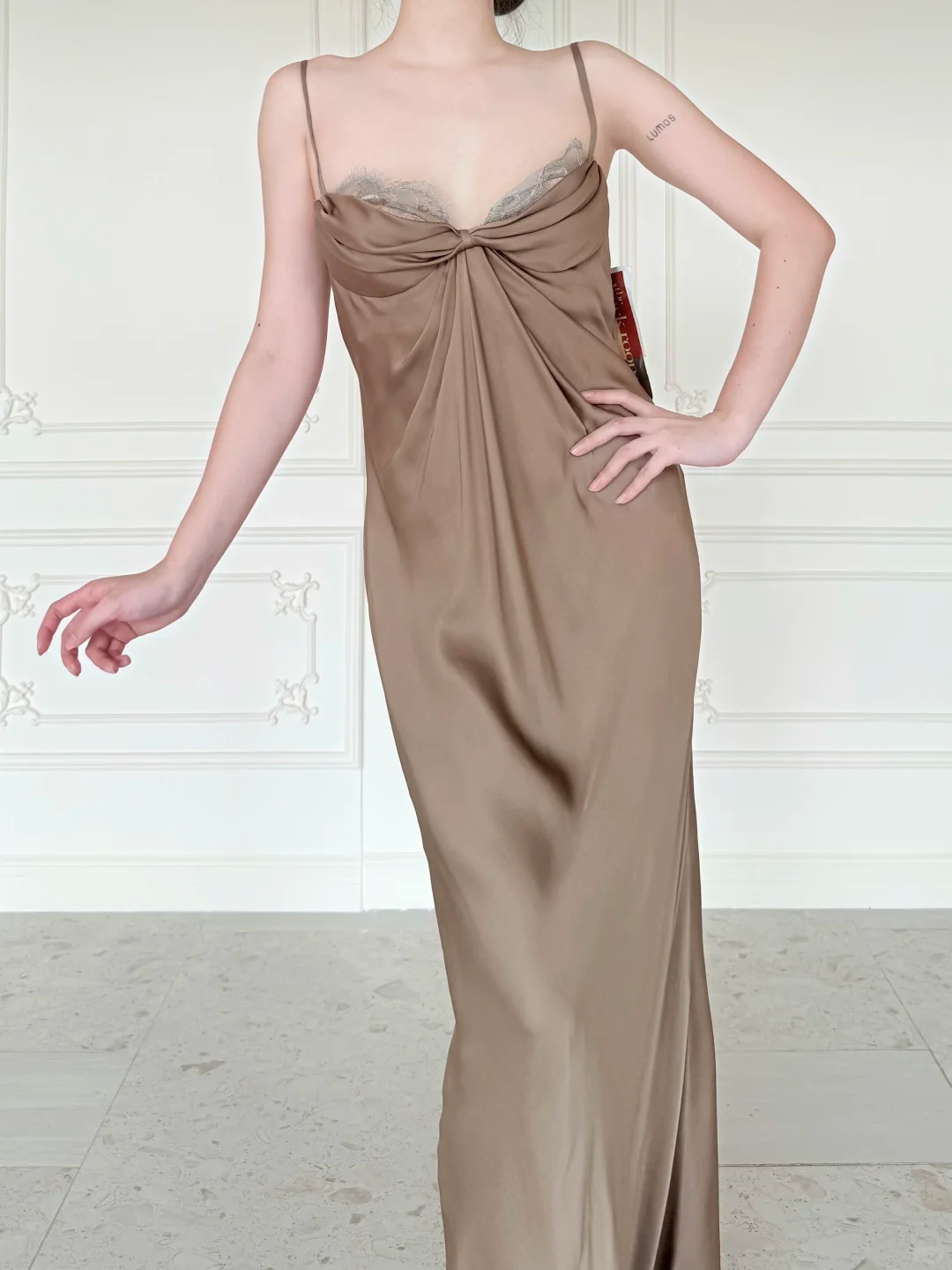 Simple Sheath Spaghetti Strap Brown Satin Long Prom Dress Evening Dress SH6764
