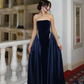 Pretty Navy Blue A Line Strapless Beaded Velvet Satin Long Prom Dress Wedding Guest Dress SH5406