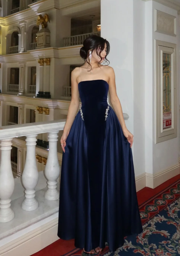 Pretty Navy Blue A Line Strapless Beaded Velvet Satin Long Prom Dress Wedding Guest Dress SH5406